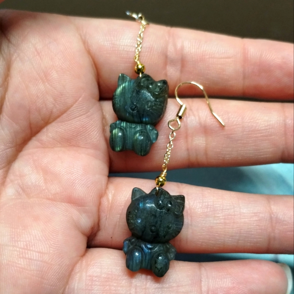 Labradorite Hello Kitty Earrings